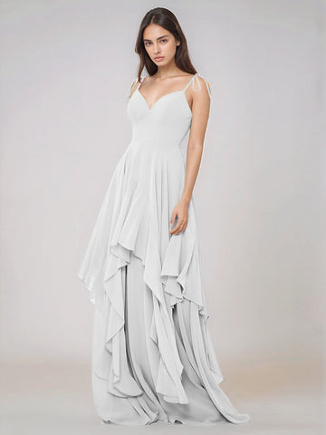 Classy Plain V Neck A-line Chiffon Bridesmaid Dress With Ruffle