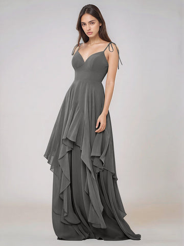 Classy Plain V Neck A-line Chiffon Bridesmaid Dress With Ruffle