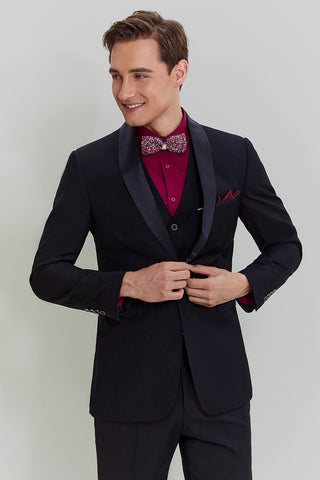 Schwarzer 3-teiliger Slim Fit-Anzug mit Schalkragen für Herren