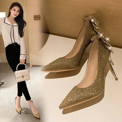 Gold bow crystal high heels slim heels shallow mouthed pointed toe single shoes fashionable French rhinestone wedding shoes