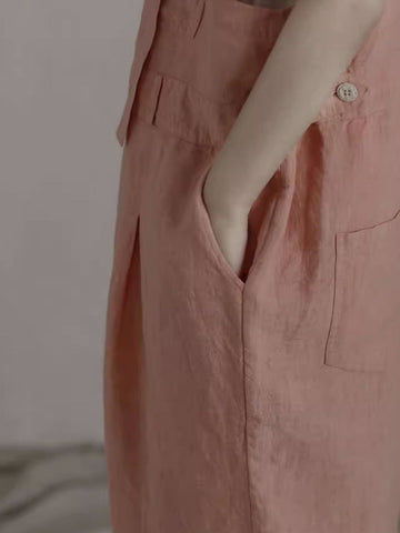 Women Summer Solid Casual Loose Straight-leg Linen Jumpsuits