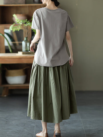 Women Summer Casual Solid Stitching Pocket Loose Skirt
