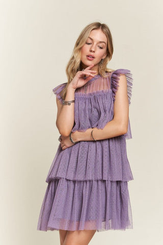 Muave Layered Ruffled Cap Sleeve Mesh Dress