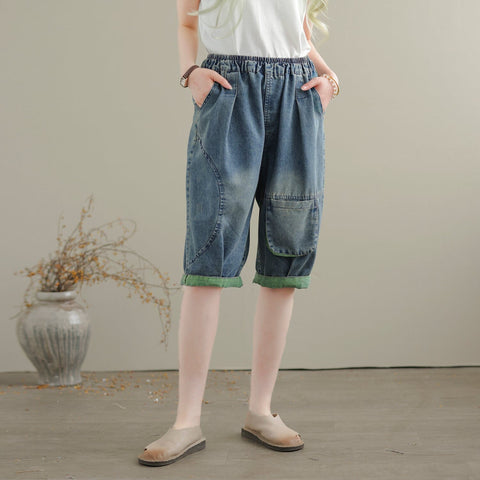 Women Summer Casual Loose Patchwork Denim Shorts