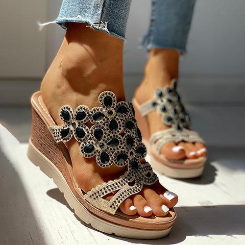 Rhinestone Embellishment Platform Wedges Slip-on Sandals