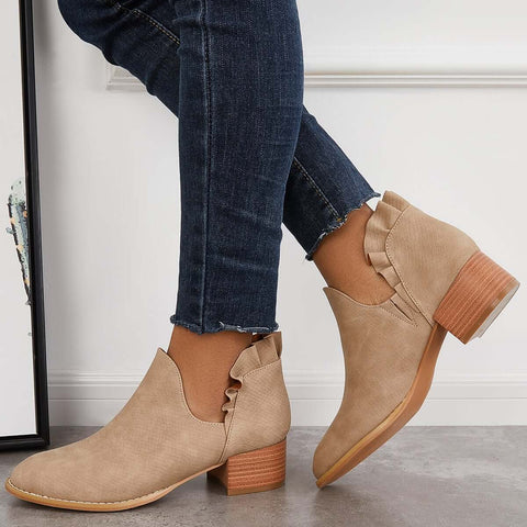 V-Cut Ruffle Ankle Boots Slip on Chunky Stacked Heel Booties