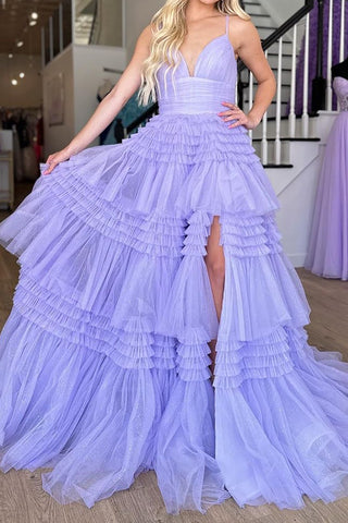 Tulle Tiered Spaghetti Straps Long Prom Dress with Slit