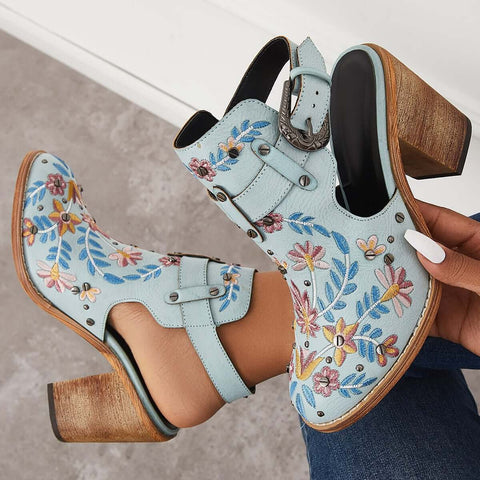 Pink Cutout Embroidered Chunky Heels Ankle Strap Slingback Sandals