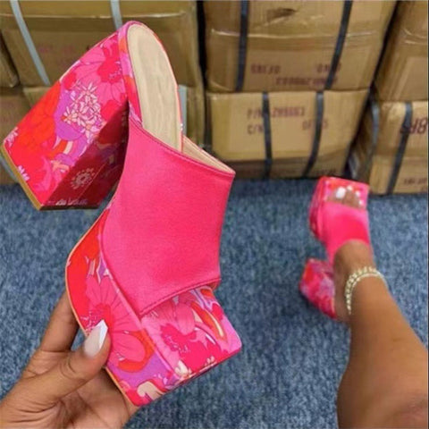 Chunky Platform Sandals Slip On Square Toe High Heel Mules