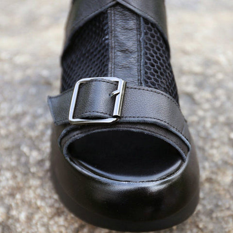 Women Summer Peep Toe Leather Mesh Casual Adjustable Buckle Boots