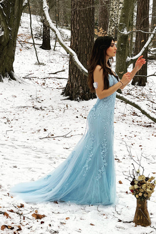 Mermaid Spaghetti Straps Blue Long Prom Dress with Backless