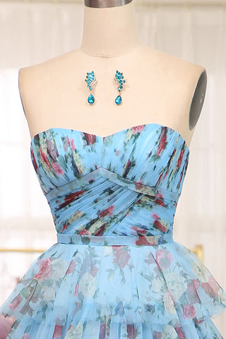 Charming A Line Off the Shoulder Blue Printed Long Prom Dress with Ruffles