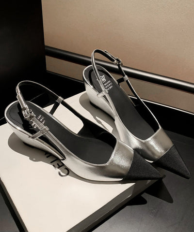 Silver Cowhide Leather Splicing Wedge Heels Sandals