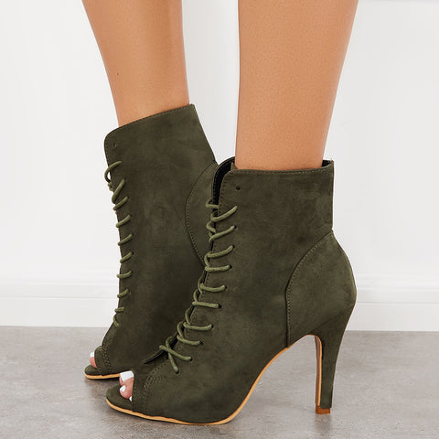 Peep Toe Stiletto High Heel Ankle Boots Lace Up Booties
