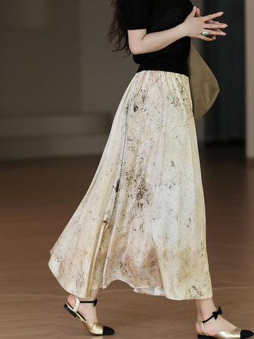 Women Summer Vintage Ink-print Pleat Loose Skirt