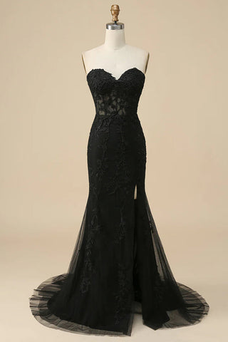 Black Corset Sweetheart Long Lace Prom Dress with Slit