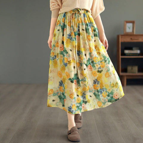 Summer Casual Retro Floral Print Linen Skirt