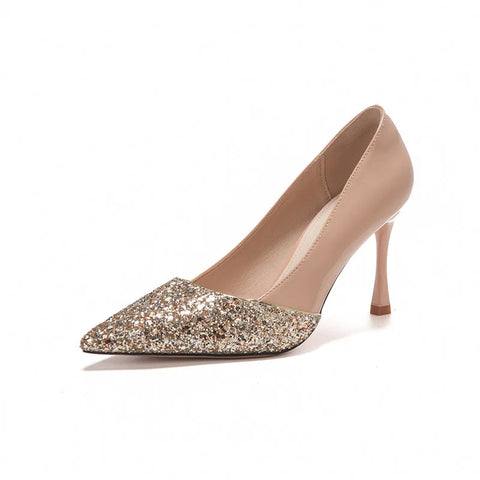 High Heel Women's 2024 New Sequin Nude Color Splicing Sexy Pointed Thin Heels Not Tiring Feet Banquet Wedding Shoes