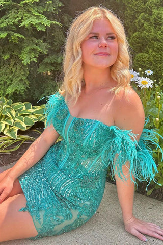 Sheath Off the Shoulder Purple Sequins Short Homecoming Dress with Feather