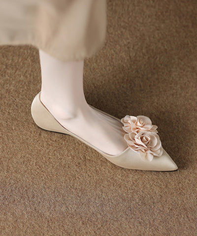 Beige Kunstleder Flache Füße Schuhe Spleißen Floral Spitzschuh