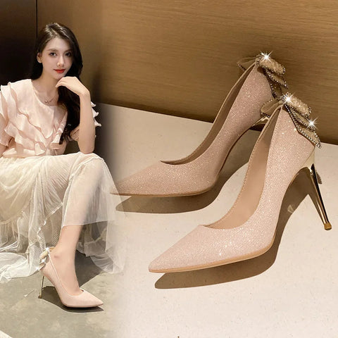 Gold bow crystal high heels slim heels shallow mouthed pointed toe single shoes fashionable French rhinestone wedding shoes