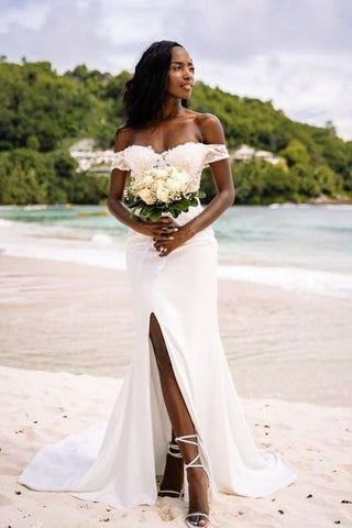 Bmbridal Off-the-Shoulder Beach Wedding Dress Mermaid Split Long