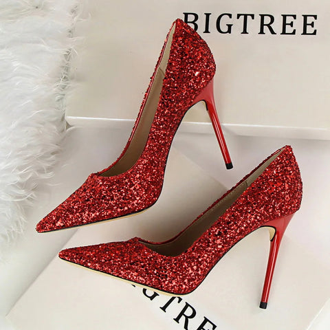 2024 summer new European style women's shoes high heels shallow mouth pointy glitter sexy slim nightclub high heels single shoes