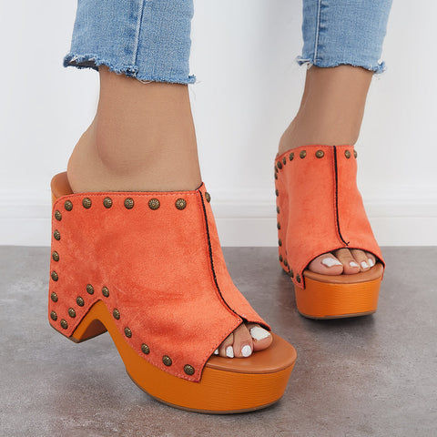 Retro Chunky Platform Heel Mules Slip on Sandals