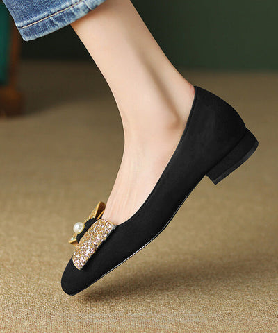 Schwarze, weiche, bequeme Damen-Flats mit Schleife und Zirkonia