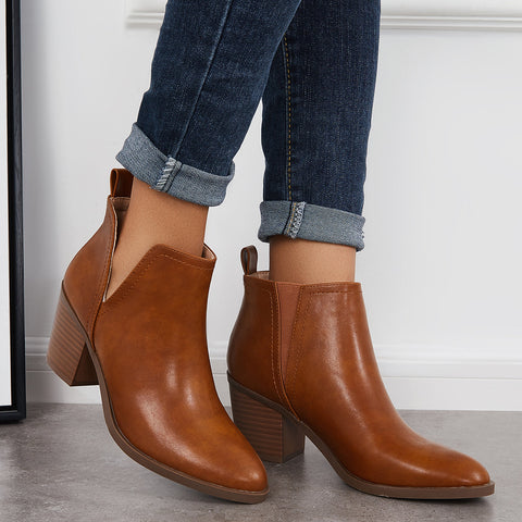 Cutout Western Ankle Cowboy Boots Chunky Stacked Heel Booties