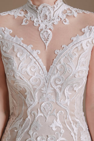 Mermaid High Neck Wedding Dress Lace With Cap Sleeves