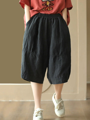 Women Summer Vintage Solid Spliced Pocket Loose Linen Pants