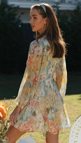 Europäische und amerikanische Damenmode, bedruckt, V-Ausschnitt, Puffärmel, Spitze, Patchwork, großes Swing-Kleid