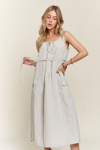 Beige Grey Drawstring Slit Back Cargo Midi Dress