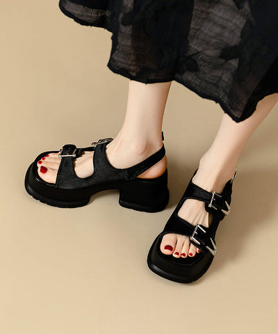 Schicke, klobige Sandalen mit Spleißen, schwarzes Rindsleder, Peep Toe