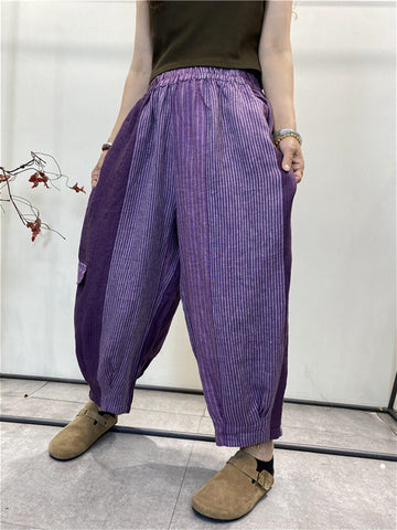 Women Summer Casual Stripe Pocket Cotton Harem Pants