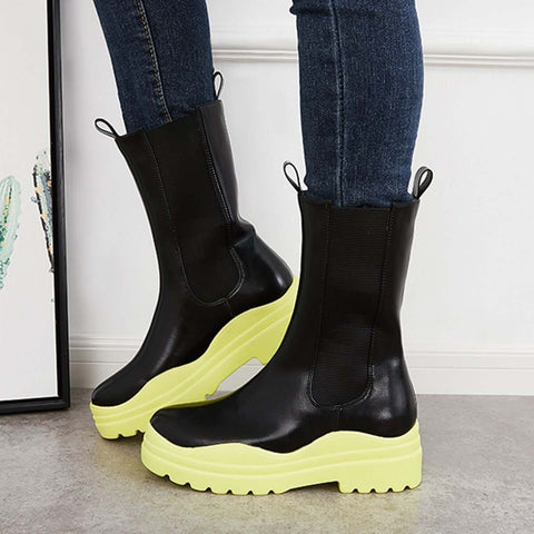 Platform Lug Sole Mid Calf Chelsea Boots Chunky Block Heel Booties
