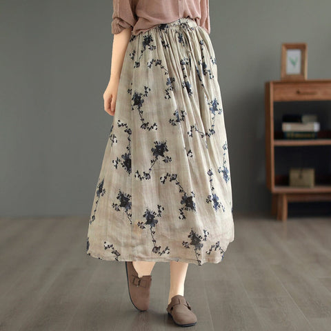 Summer Casual Retro Floral Print Linen Skirt
