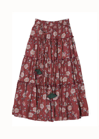 Vintage Red Print Cinched Patchwork Cotton Skirts Summer