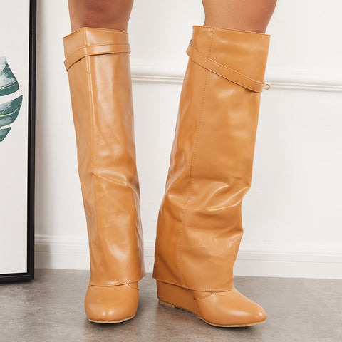 Women Pointed Toe Fold Over Wedge Heel Knee High Boots