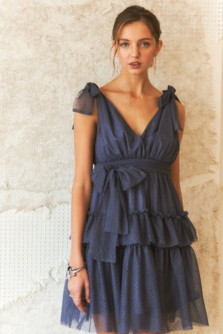 Tie Shoulder Polka Dot Mesh Resort Dinner Dress