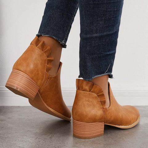 V-Cut Ruffle Ankle Boots Slip on Chunky Stacked Heel Booties