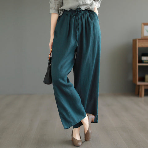 Women Summer Solid Loose Linen Casual Wide Leg Pants