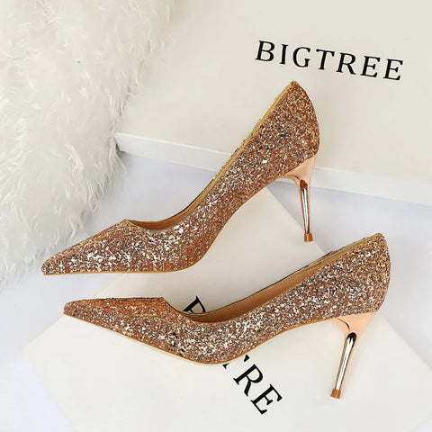 2024 summer new  style sexy nightclub slim heels for women's skinny heels fashion glitter single shoes