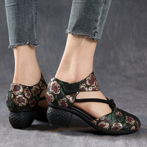 Summer Retro Figured Leather Low Heel Sandals