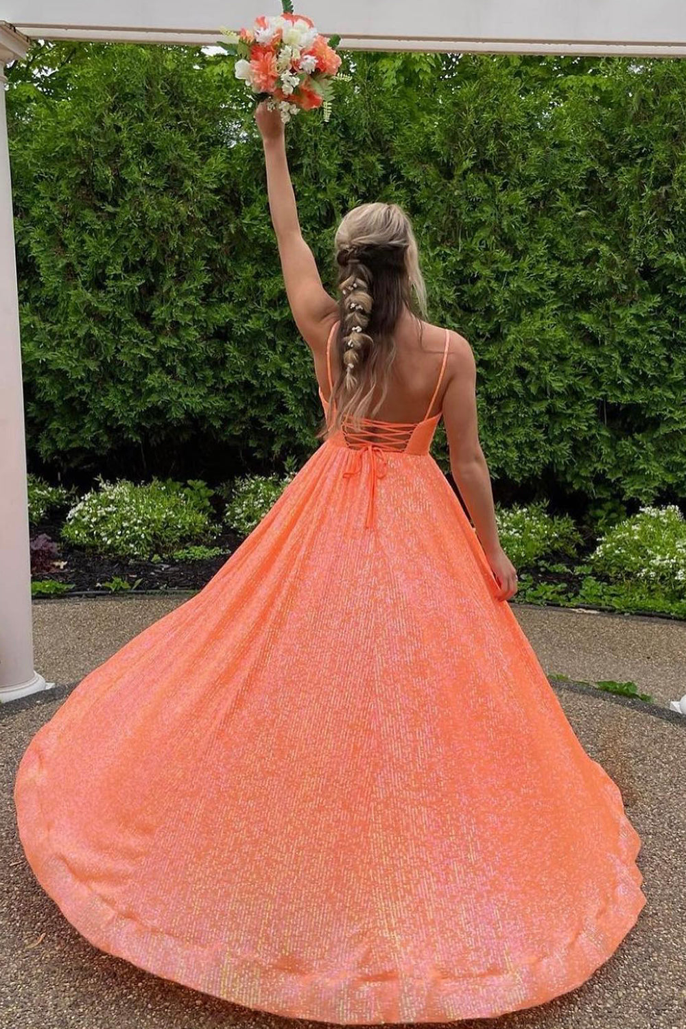 Fuchsia Sequins Spaghetti Straps A-Line Long Prom Dress