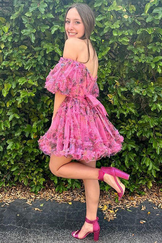 Cute A Line Off the Shoulder Ivory Printed Short Homecoming Dress