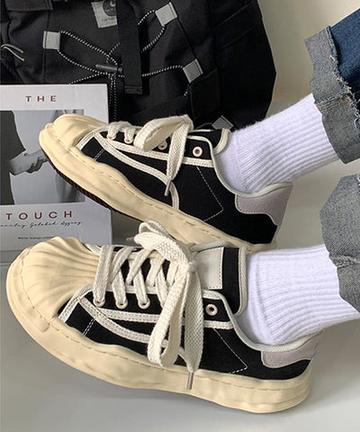 Schwarze Plateauschuhe mit lässigem Spleißen, flache Schuhe zum Schnüren