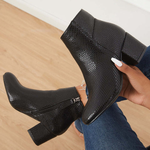 Chunky Block Mid Heel Ankle Boots Side Zipper Booties