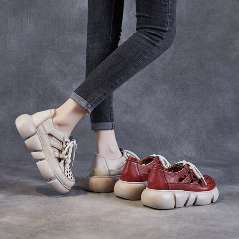 Summer Hollow Retro Leather Casual Platform Sandals